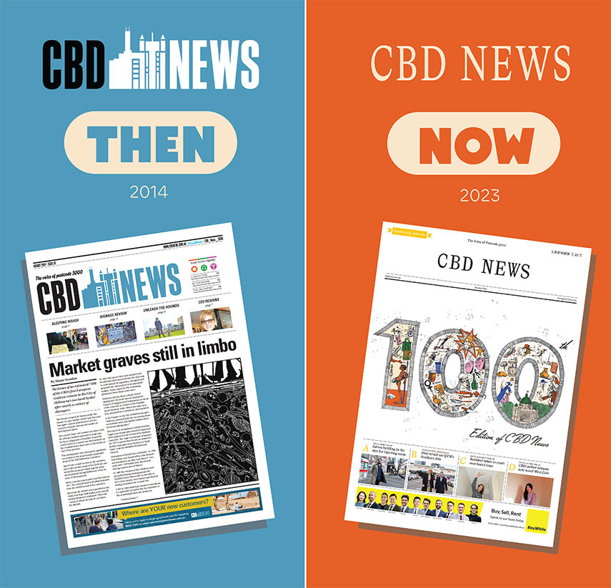 CBD News then and now - blue background with the first cover of CBD news on the left and orange background on the right with the 100th cover.
