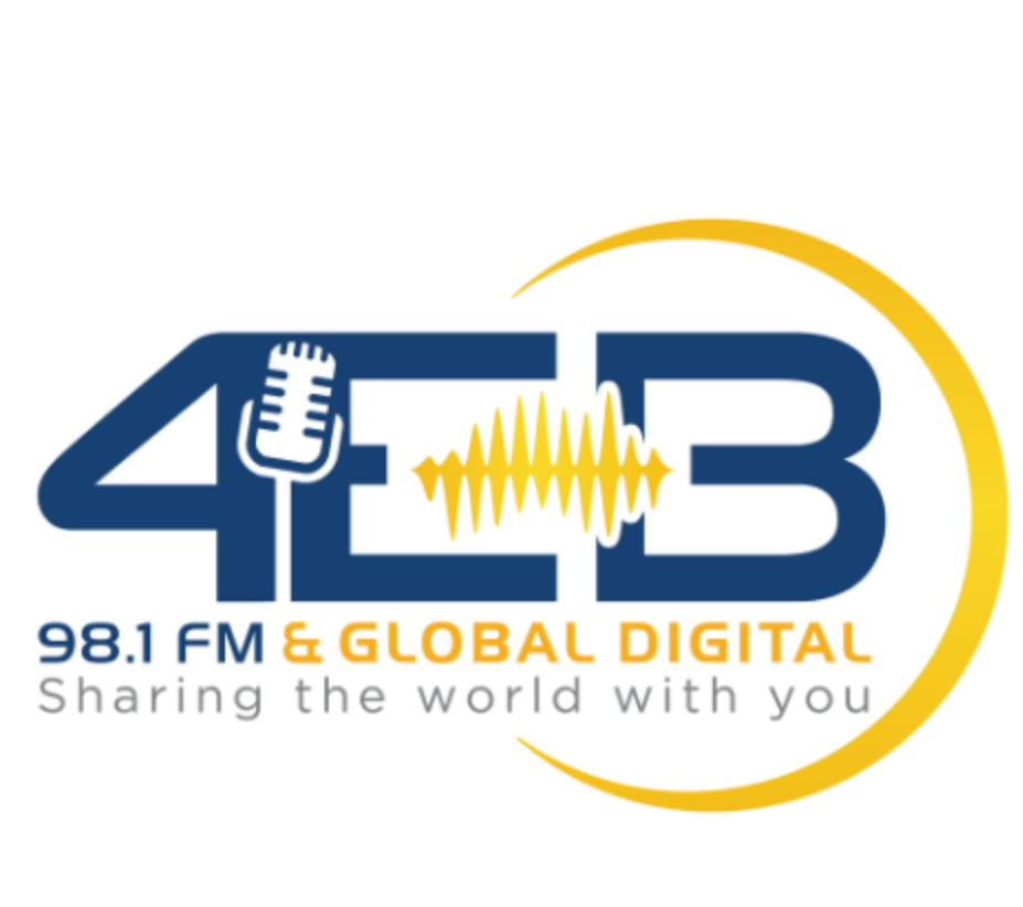 Logo - 4EB. 98.1 FM and global digital. Sharing the world with you